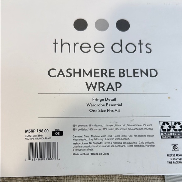 Three Dots Cashmere Blend Wrap, Cream plaid, OSFA, fringe detail, soft! NWT - Picture 5 of 6
